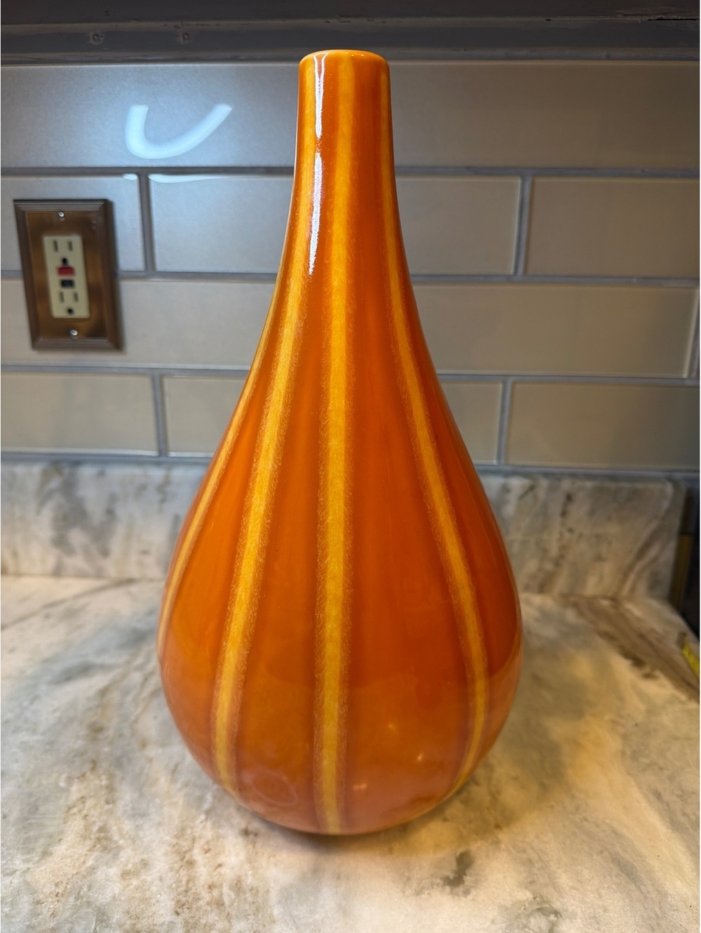 VTG Hull Pottery Continental Persimmon Orange Striped Open Front Vase 14.5”